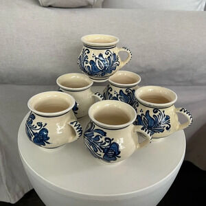 Vintage Cobalt Blue & White Folk Art Clay Pottery Kitchen Mugs Cups set of 6